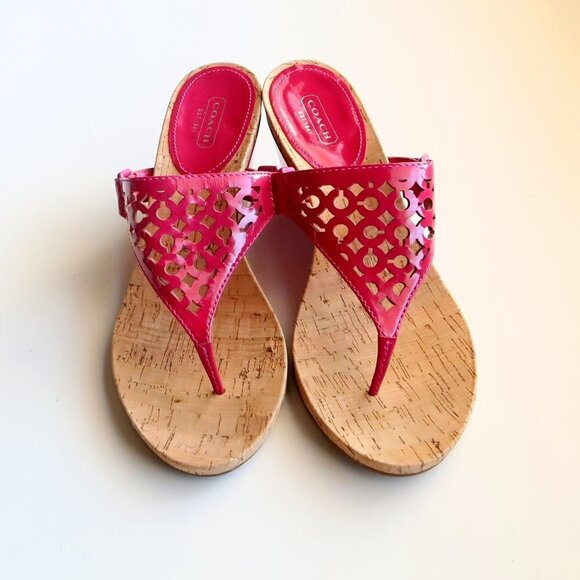 Coach Brookk Fuchsia Pink Patent Leather Thong Slip On Wedge Heel Mule Sandals - Picture 5 of 16